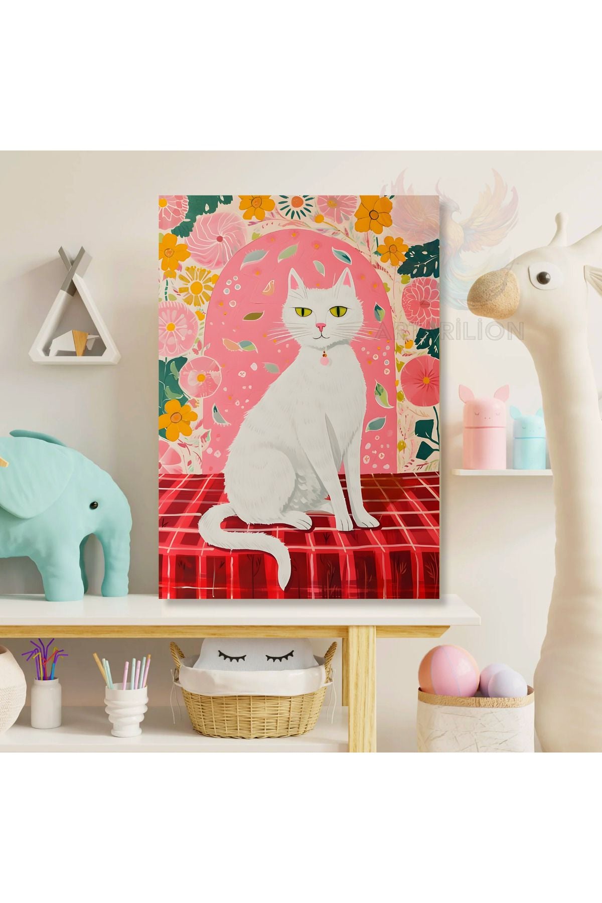 Kanvas Masadaki Beyaz Kedi Desenli Tablo Baskı Tablo Oyun Odası Tablosu Çocuk Odası Tablosu