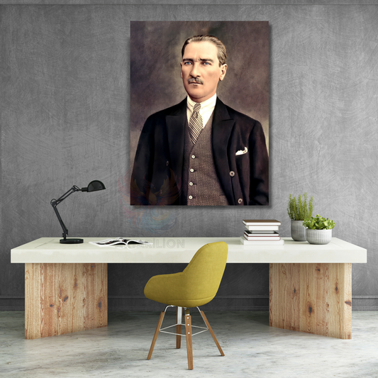 Renklendirilmiş Atatürk Kanvas Tablo Modeli Dikey Duvar Tablosu Ofis Ev Dekoru