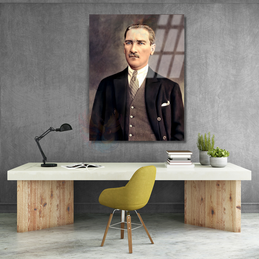 Renklendirilmiş Atatürk Cam Tablo Modeli Dikey Duvar Tablosu Ofis Ev Dekoru