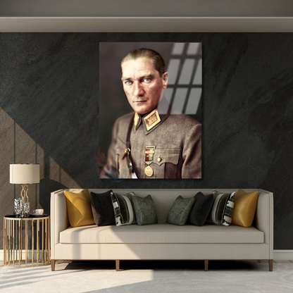 Uniformalı Atatürk Portresi Mustafa Kemal Atatürk Cam Tablo Modeli Ev Ofis Dekoru