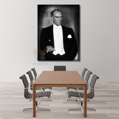 Mustafa Kemal Atatürk Siyah Beyaz Kanvas Tablo Dikey Duvar Tablosu Ev Ofis Tablosu