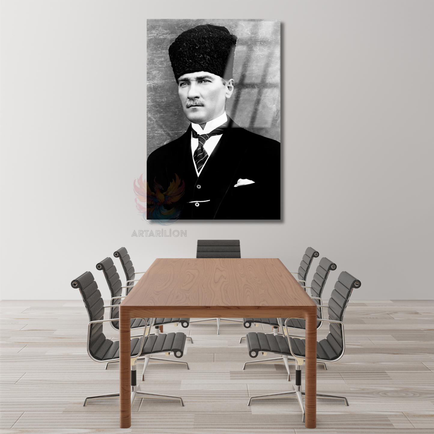 Dikey Cam Siyah Beyaz Atatürk Tablosu Cam Ofis Ev Tablosu Duvar Dekoru