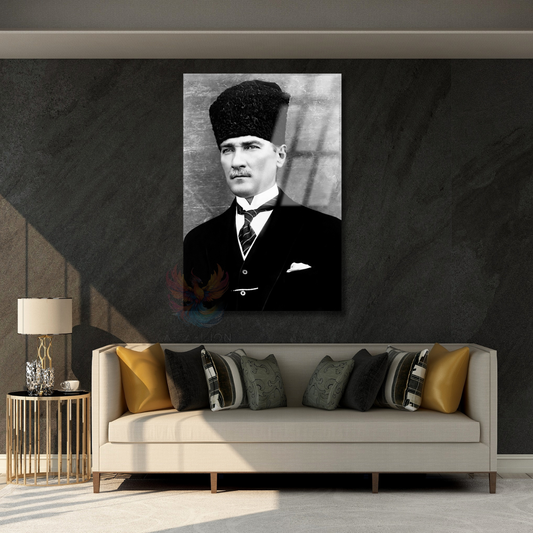 Dikey Cam Siyah Beyaz Atatürk Tablosu Cam Ofis Ev Tablosu Duvar Dekoru