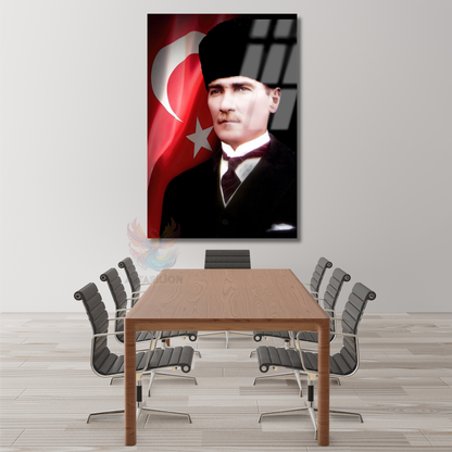 Atatürk ve Bayrak Cam Tablo Dikey Duvar Tablosu Ofis Ev Dekoru Atatürk Portresi