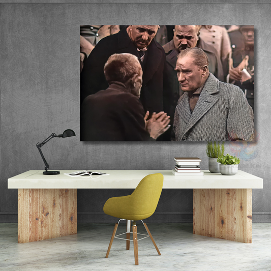 Atatürk ve Halk Temalı Renkli Kanvas Tablo Modeli Yatay Duvar Tablosu
