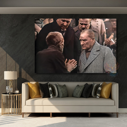 Atatürk ve Halk Temalı Renkli Kanvas Tablo Modeli Yatay Duvar Tablosu
