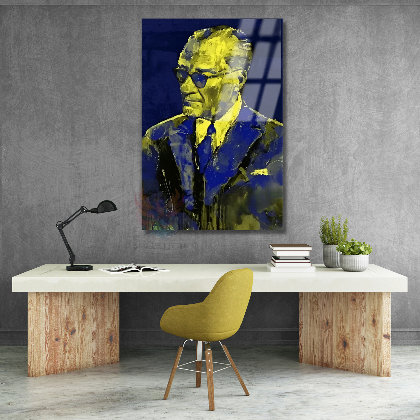 Atatürk Tablosu Lacivert ve Sarı Rekli Cam Atatürk Tablo Modeli Ev Ofis Tablosu