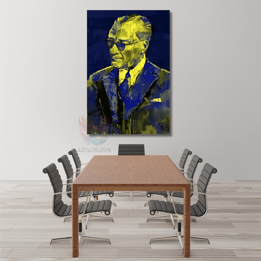 Atatürk Tablosu Lacivert ve Sarı Rekli Kanvas Atatürk Tablo Modeli Ev Ofis Tablosu
