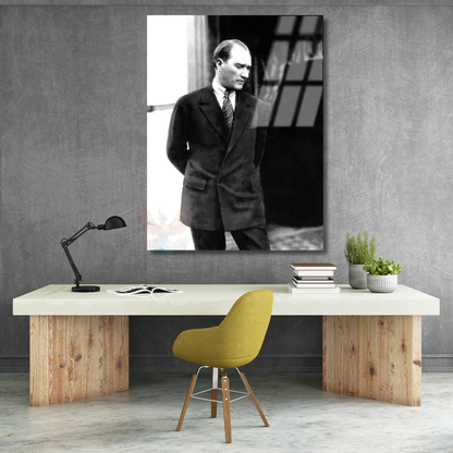 Kemal Atatürk Cam Tablo Siyah Beyaz Atatürk Tablosu Dikey Duvar Tablo Ev Ofis Dekoru