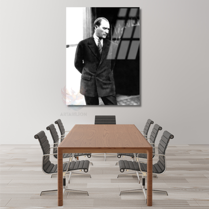 Kemal Atatürk Cam Tablo Siyah Beyaz Atatürk Tablosu Dikey Duvar Tablo Ev Ofis Dekoru