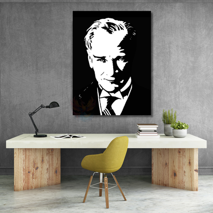 Siyah Beyaz Atatürk Çizimi Kanvas Tablo Modeli Dikey Duvar Tablosu Ofis Okul Ev Tablosu