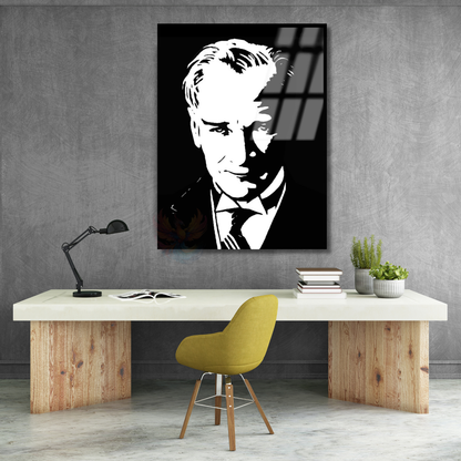 Siyah Beyaz Atatürk Çizimi Cam Tablo Modeli Dikey Duvar Tablosu Ofis Okul Ev Tablosu