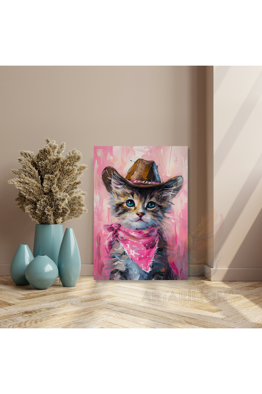 Kovboy Şapkalı Kedi Kanvas Tablo HD Dijital Baskı Kanvas Kedi Tablosu Salon Tablosu
