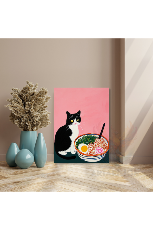 Kanvas Tablo Noodle ve Kedi Görseli Sevimli Kanvas Tablo Ev Hediyesi Ev Dekorasyonu
