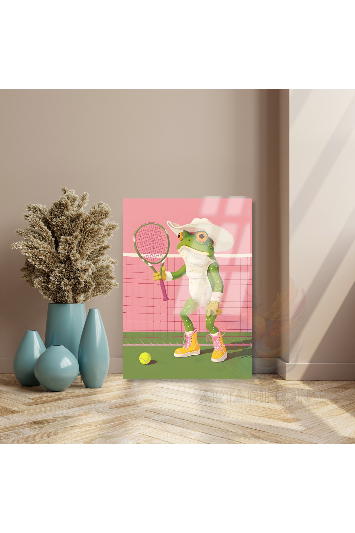 Tenis Oynayan Kurbağa Kırılmaz Cam Tablo Modern Ev Dekoru Salon Tablosu